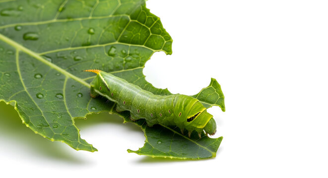 Large green caterpillar eating a leaf with water droplets on white background