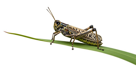 Fototapeta premium Detailed view of a grasshopper perched on a green leaf on white background