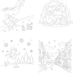 Obraz premium Children's coloring book: kite flying, sleeping cat, ice skating snowman, and quaint town street scene, kids activity, line art