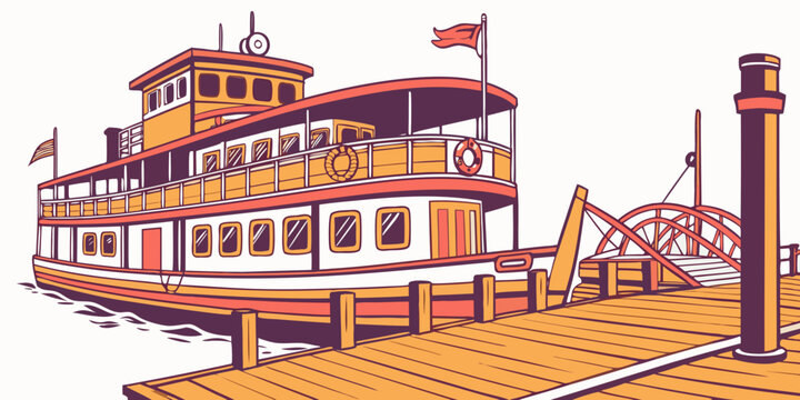 A large paddle steamer boat docked at a pier Vector