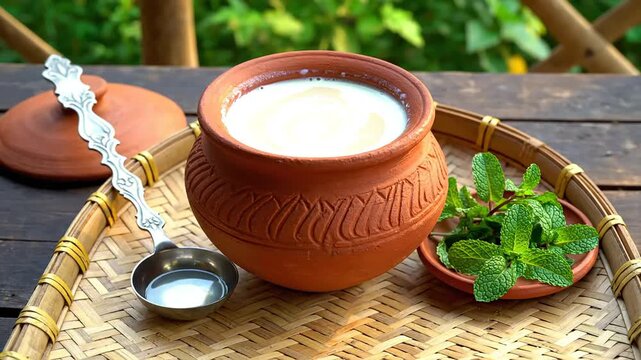 Authentic indian dahi yogurt lassi drink with fresh mint served outdoors in traditional terracotta pot.