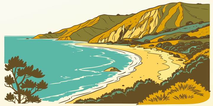 A scenic beach with a mountain range in the background Vector