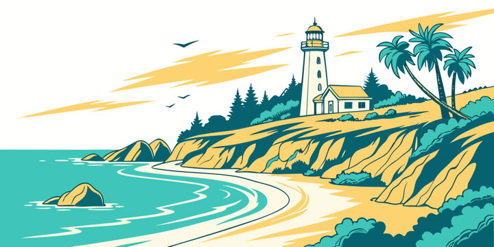 A lighthouse on a cliff overlooking the ocean Vector