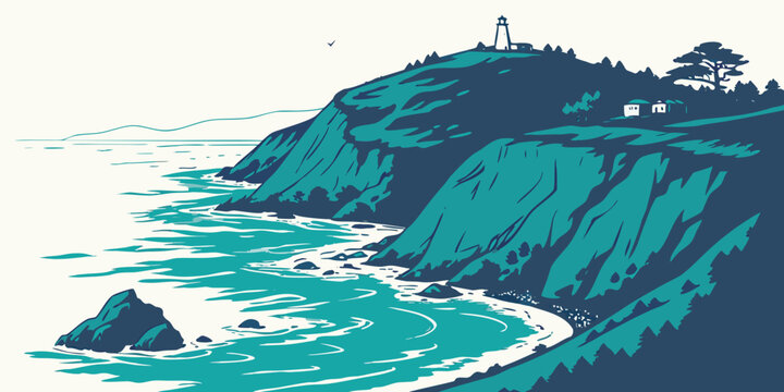 A rocky coastline with waves crashing on the shore Vector