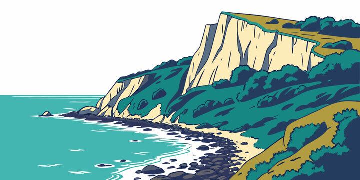 A cliff overlooking the ocean with a sandy beach Vector
