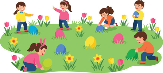 Fototapeta premium Children playing with Easter eggs in a colorful garden with flowers and grass