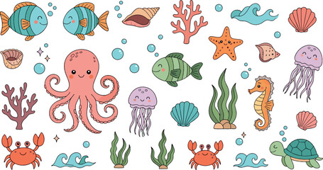 Cute underwater sea animals vector illustration set featuring octopus, fish, jellyfish, seahorse, crab, turtle, coral reef and ocean life characters © MdNazmul