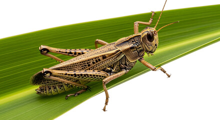 Fototapeta premium Detailed view of a grasshopper perched on a green leaf on white background