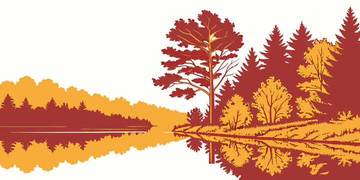 A serene lake scene with trees reflected in the water Vector