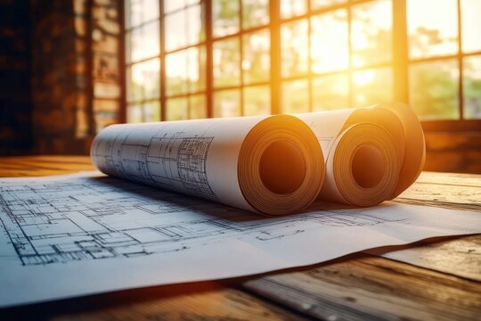 rolled architectural blueprints on a wooden table by a sunlit industrial window, warm golden light evoking focused planning and creative inspiration