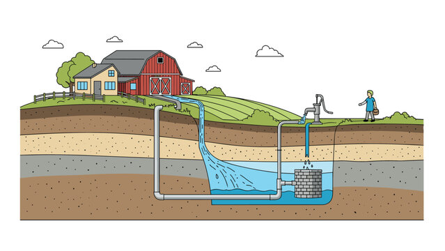 Cross section diagram of a farm showing the water well system and underground aquifer connected to a red barn and house.