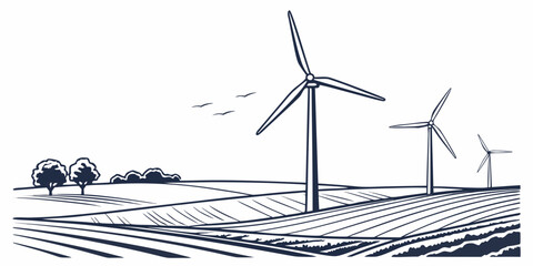 Wind turbines in a field with trees and birds flying overhead Vector ©  MST RABEYA  BEGUM