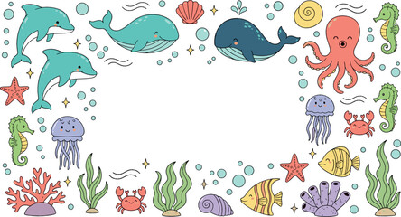 Obraz premium Cute underwater sea life frame vector illustration with dolphins, whales, octopus, jellyfish, seahorses, fish, coral and bubbles in cartoon style