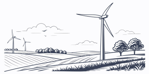 Wind turbines in a rural landscape with trees and birds Vector ©  MST RABEYA  BEGUM