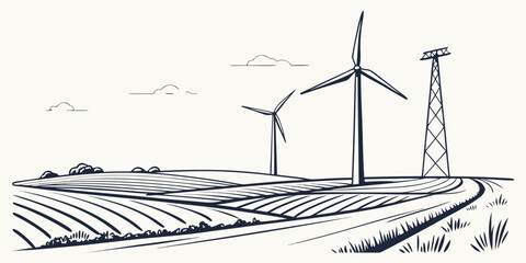 Wind turbines and transmission tower in a rural landscape Vector ©  MST RABEYA  BEGUM