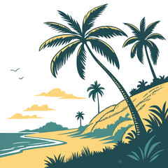 Obraz premium A tropical beach with palm trees on a sandy hill Vector