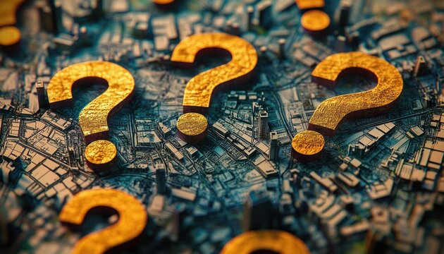 golden question marks resting on a detailed miniature city map of buildings and streets, evoking curiosity and uncertainty