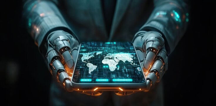metallic robotic hands in a suit presenting a glowing smartphone with a holographic world map, evoking futuristic innovation and technological wonder