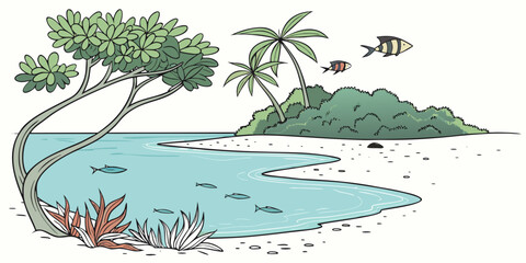 A tropical island with a tree and fish in the water Vector ©  MST RABEYA  BEGUM