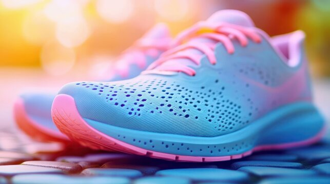 Close-up of pastel blue and pink running shoes with perforated breathable upper and pink laces on a textured surface, cheerful energetic mood