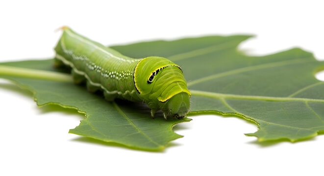 Large green caterpillar on a leaf eating plant on white background