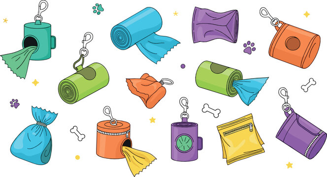 Dog waste bags and dispensers vector set with poop bag rolls, holders, scooper accessories and pet cleanup items cartoon illustration