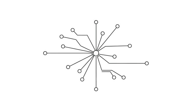 Abstract digital network connection, tech concept, central hub with radiating lines and nodes