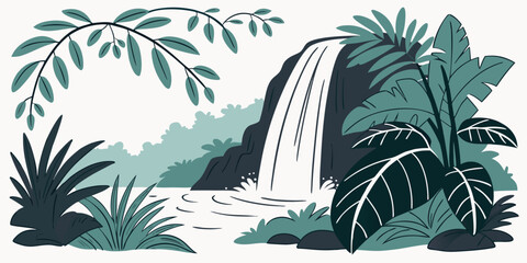 A serene waterfall surrounded by lush greenery and tropical plants Vector ©  MST RABEYA  BEGUM