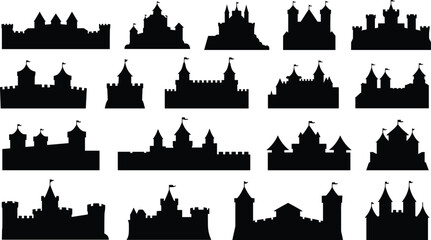 Assortment of Black Silhouette Castles with Flags on White Background medieval fortress © Its me...