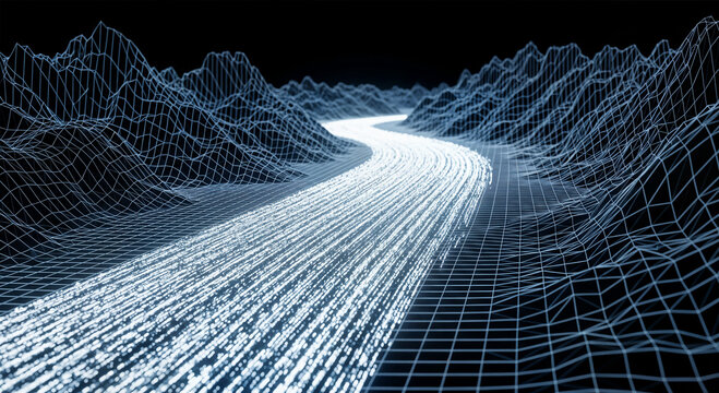 3D wireframe mountain landscape with glowing data road, digital information highway technology background, futuristic grid cyberspace terrain, virtual reality network infrastructure concept.