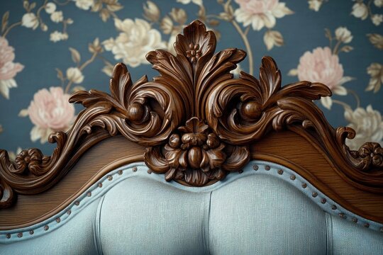 Ornately carved dark wooden sofa back with pale blue tufted upholstery and nailhead trim against vintage floral wallpaper, evoking elegant romantic nostalgia
