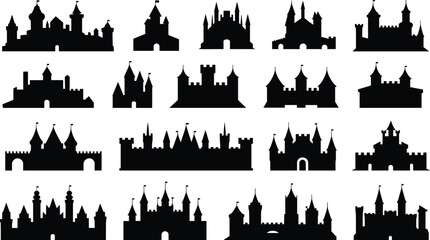 Diverse Collection of Black Silhouette Castles with Flags on White Background medieval fortress © Its me...