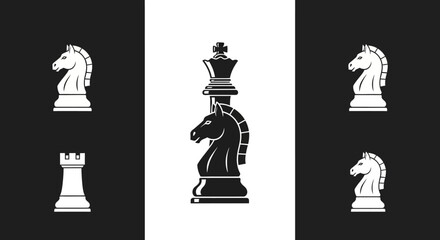 Chess Pieces King Knight Rook Black White Strategy Game Board © punduh