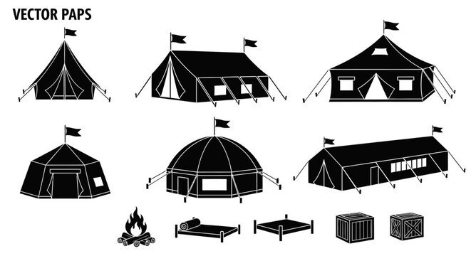 Camping Tents Collection: Various Styles with Campfire and Gear Icons