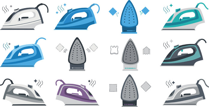 Electric steam iron household appliance vector illustration set featuring modern clothes irons, laundry equipment, garment care tools and home cleaning technology