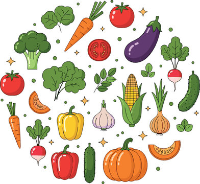 Fresh organic vegetables vector illustration collection featuring tomato, carrot, broccoli, eggplant, pumpkin, cucumber, corn and healthy farm produce food elements