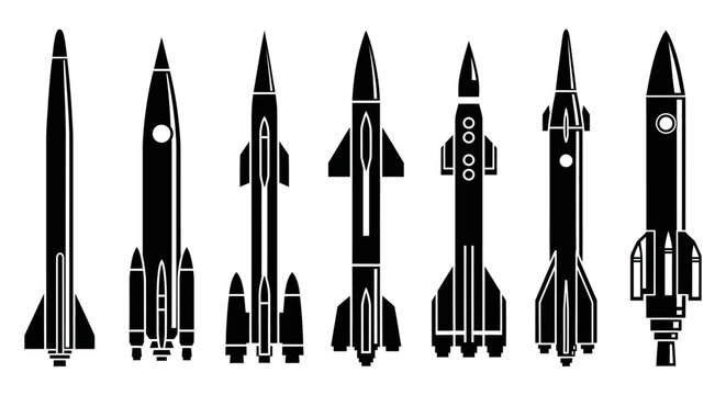 Collection of diverse rocket silhouettes, vector illustration