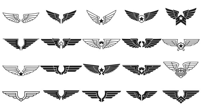 Collection of Stylized Wing Emblems and Badges - Vector Graphics