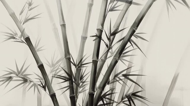 Minimalist Ink Painting Of Bamboo With Mist And Serene Environment For Wellness And Meditation Spaces