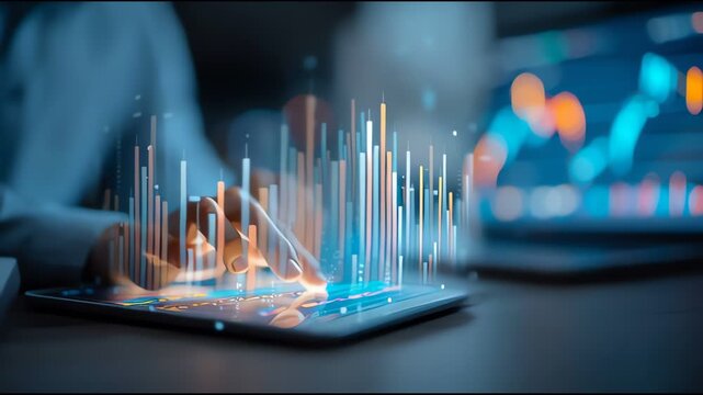 Futuristic digital tablet with glowing financial graphs and data analytics holograms in modern technology concept