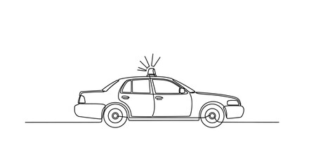 Continuous line drawing of a police car with flashing light on white background © punduh