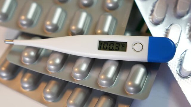 Digital thermometer showing 100.3f lying on blister packs of capsules and pills, close-up medical concept.