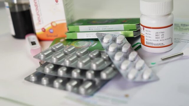 Close-up of assorted prescription medicines: blister packs of tablets, pill bottle, and pharmacy boxes on a desk, healthcare and treatment concept.