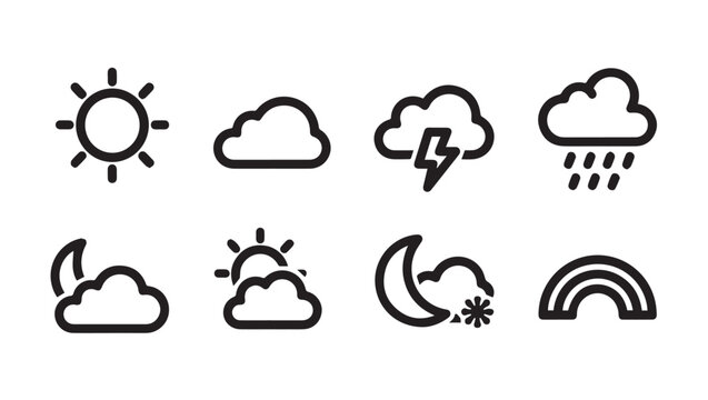 Weather Icons Set: Sun Clouds Rain Storm Moon Rainbow SnowLine Art