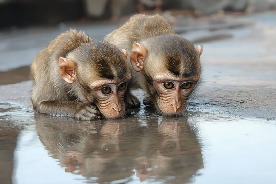 two baby monkeys crouched at a puddle studying their reflections with curious, cautious expressions