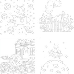 Fototapeta premium Fun kids coloring book: cute alien spaceship, haunted house, donut shop, and alien ufo moon landing, line art illustration