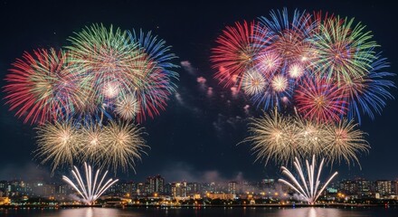 Fototapeta premium Spectacular Fireworks Display Over City Skyline at Night.