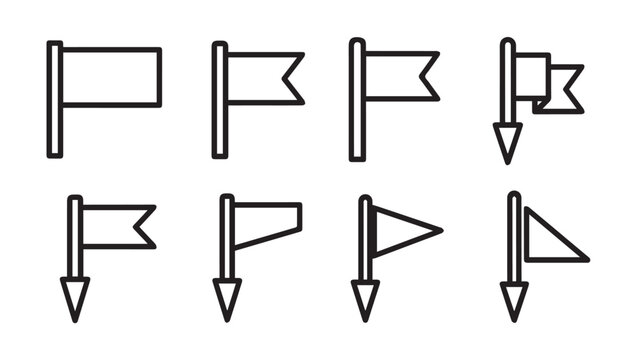 Set of Outline Flag Icons: Rectangular Pennant Triangular Shapes on Poles