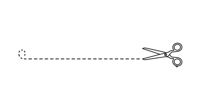 Sharp metal scissors cutting precisely along a horizontal dashed line represents tailoring, crafting, and diy projects in a simple way.