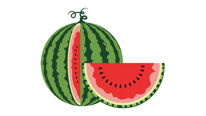 Refreshing whole green striped watermelon sits next to a juicy red slice filled with small black seeds on a white background.